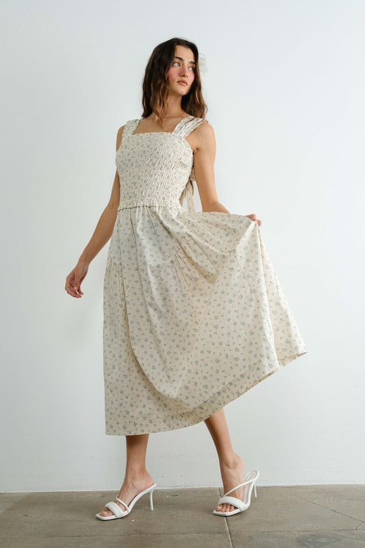 Margot Retro Bow Tie Back Smocked Midi Dress