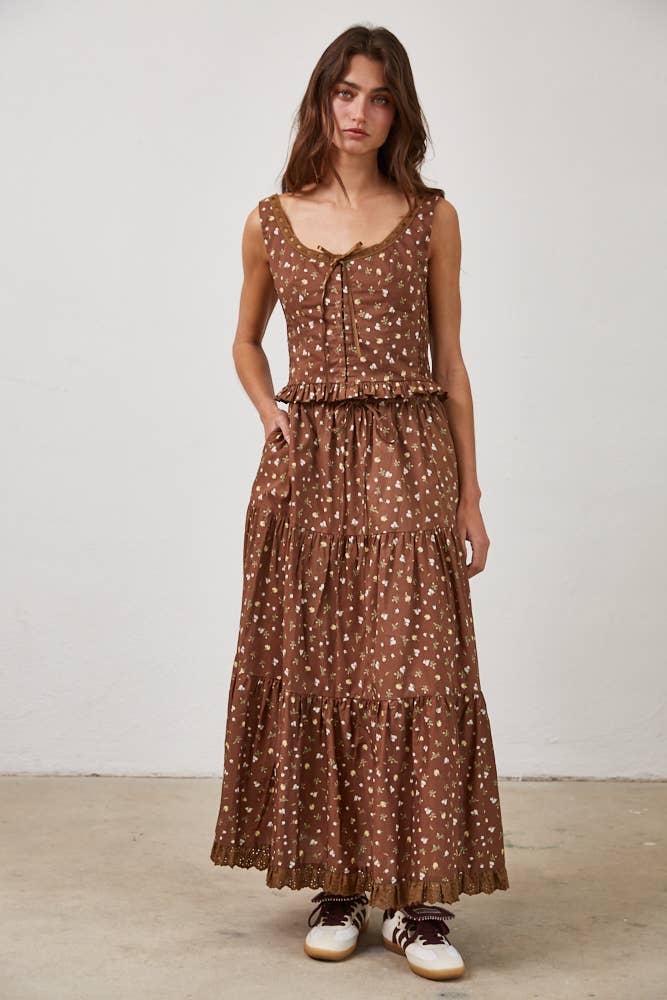 Floral Lace Trim Front Tie Top & Skirt Set