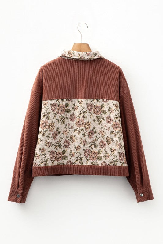 Floral Patchwork Ribbed Corduroy Shirt Jacket